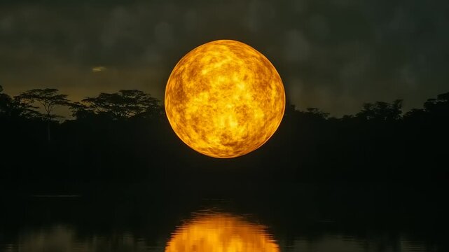 A captivating, mysterious glowing sphere floats above tranquil water, casting a fiery reflection against the dark, silhouetted forest at dusk, evoking an ethereal and otherworldly celestial presence