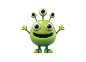 Happy alien cartoon sticker with three eyes and big isolated on transparent White background png