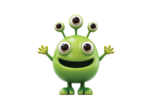 Happy alien cartoon sticker with three eyes and big isolated on transparent White background png