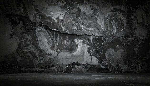 Dark Gray Concrete Wall with Crack Running Horizontally Showing Texture and Pattern Under Spot Lighting with Distressed Surface in a Low Key Composition