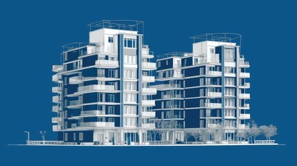 A modern apartment building with multiple floors and balconies, set against a blue sky.