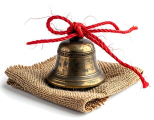 Antique Brass Bell with Red String on Burlap Sack a Vintage Decoration
