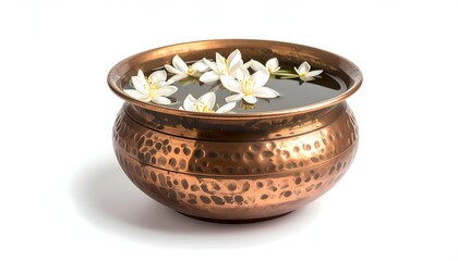Hammered Copper Bowl Filled with Water and Floating White Flowers on White Background