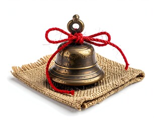 Close Up of a Vintage Bronze Bell on Burlap with a Red String on White Background