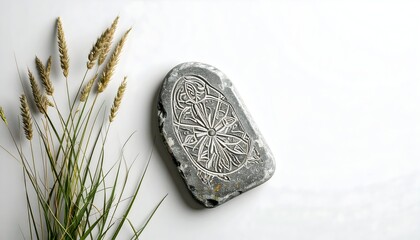 Overhead Shot of Ash Coated Cheese with Intricate Design on White Tabletop with Dried Wheat