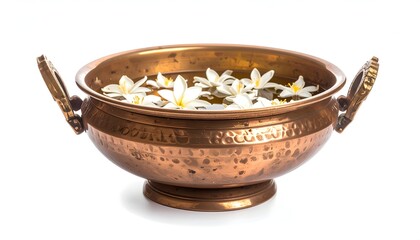 Intricate Copper Bowl Filled with Floating White Flowers on White Background