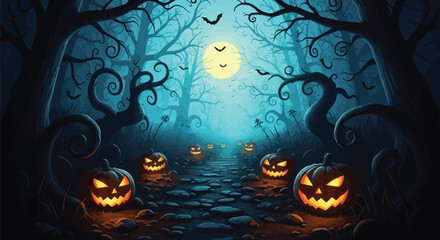 Spooky Halloween night with glowing pumpkins in dark forest