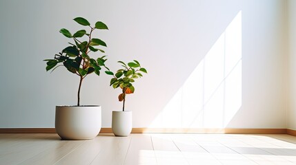 Two potted plants in a minimalist room with a large window and wooden floor.