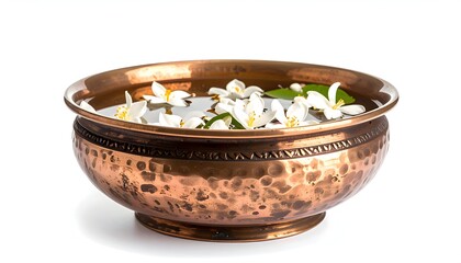 Copper Bowl Filled with Water and White Flowers on White Background