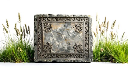 Ornate Gray Stone Slab Surrounded by Green Grass and Wheat Against White Background Decoration