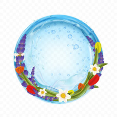 Water bubble with grass and chamomile and lavender flowers inside. Isolated on a transparent background. Vector illustration.