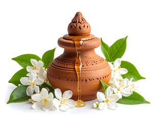 Earthen Jar with Flowing Amber Liquid Surrounded by White Jasmine Blossoms on White Backdrop