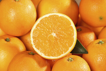 Fresh Orange Citrus Fruits Cut in Half Showing Juicy Segments and Pulp
