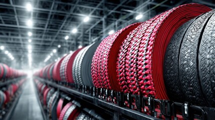 Rows of Tires with Red Sidewalls on a Rack in a Warehouse