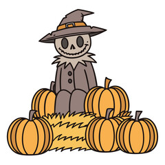 Cartoon scarecrow wearing hat sits on hay surrounded by pumpkins forming a festive image