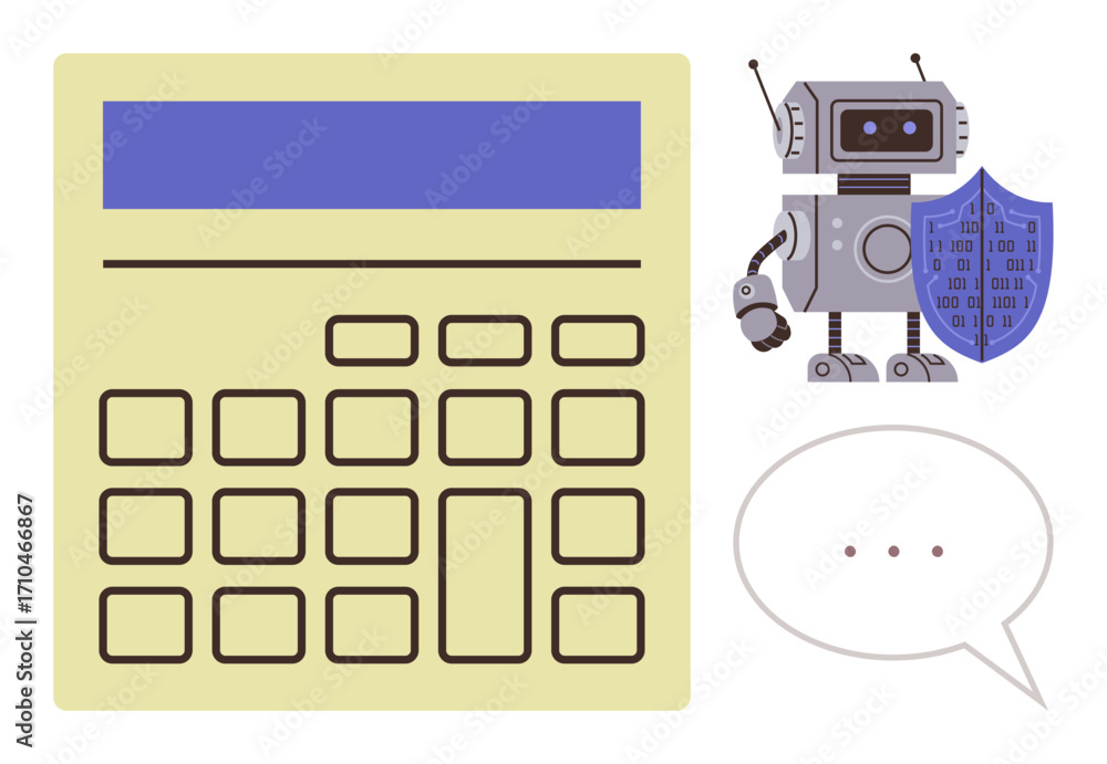 Poster robot holding shield beside large calculator and speech bubble, emphasizing cybersecurity, automatio