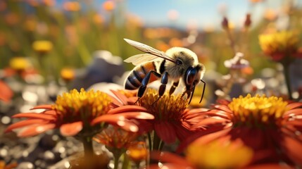 A bee with a yellow and black body and white wings, feeding on a red flower with yellow centers in a field of yellow flowers.