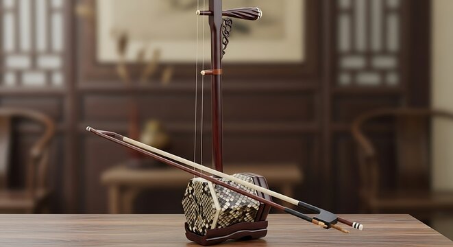 Antique Chinese Erhu Violin on Wooden Table.
