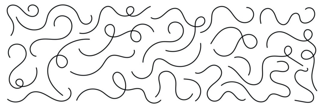 Curvy abstract squiggles collection. Vector swirl lines. Thin line squiggle wavy shapes. Wavy line pattern with curvy abstract squiggles.