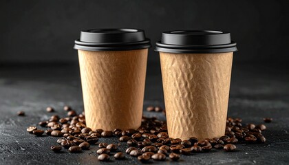 Two brown craft paper disposable coffee cups with black lids for takeaway, surrounded by fresh roasted coffee beans on a dark slate background