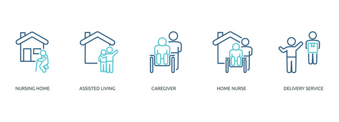 elderly care outline color banner icon of nursing home, assisted living, caregiver, home nurse, delivery service
