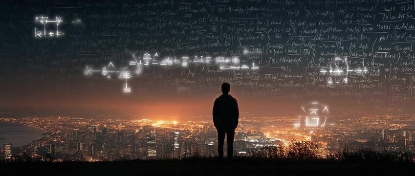 Silhouette of a Nighttime Cityscape  A person holding prayer beads while thinking about mathematical equations