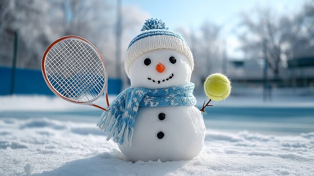 Snowman holding a tennis racket and a tennis ball. The snowman is smiling and he is enjoying the game of tennis