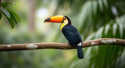 Obraz premium Toucan perched on a branch, vibrant colors against a lush background