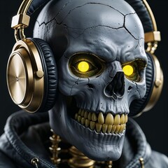Creepy skeleton with glowing eyes wearing headphones and hoodie in dark background representing Halloween and music concept