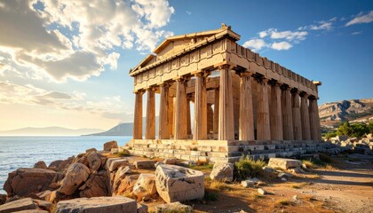 Obraz premium Doric Temple Ruins at Seaside with Blue Sky in Sicily Italy Ancient Architecture Golden Sunlight Cliff Edge Mediterranean Sea and Cloudy Sky