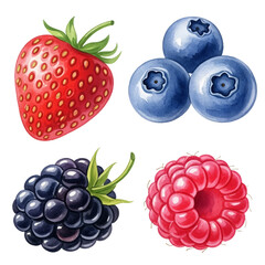 Summer berries vibrant watercolor style vector illustration set. Strawberry, blueberries, blackberry and raspberry in vivid colors