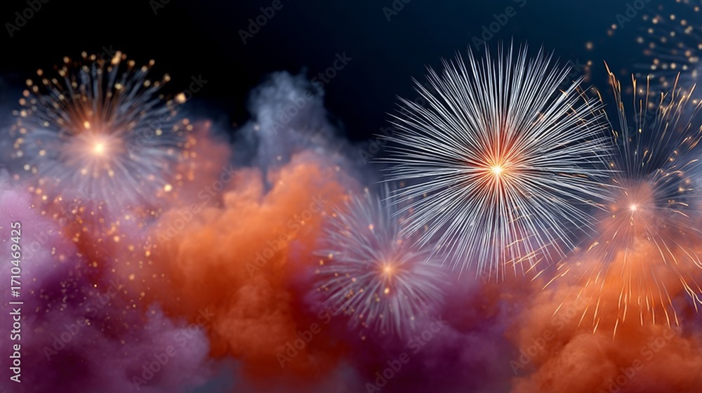 Poster firework display with a purple and orange cloud in the background. the fireworks are in the foregrou