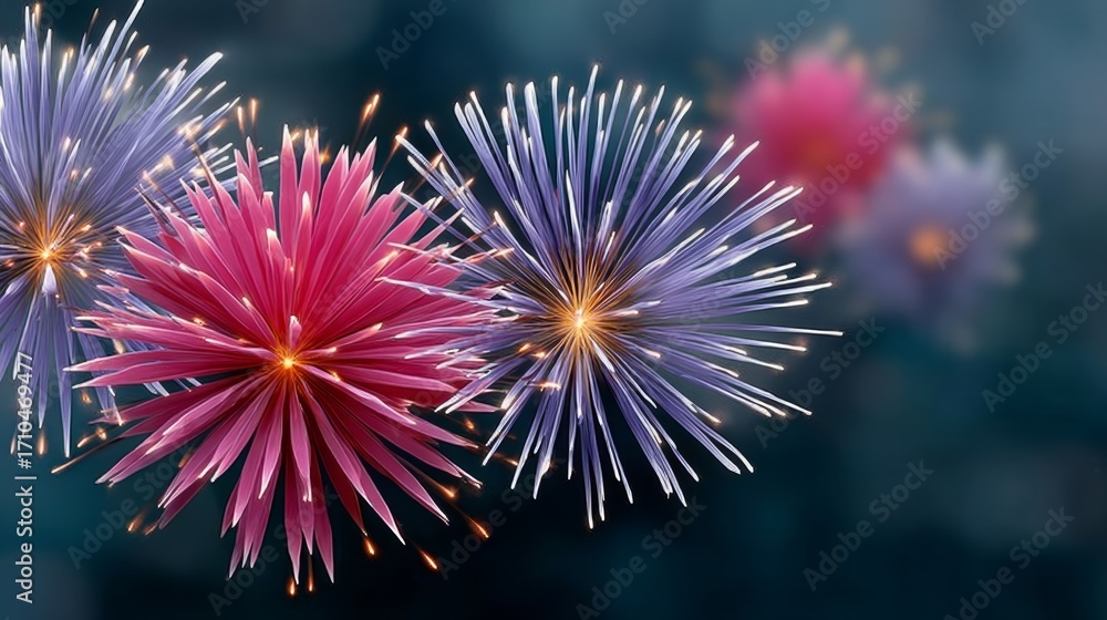 Poster firework display with three different colored fireworks. the fireworks are in the air and are lit up