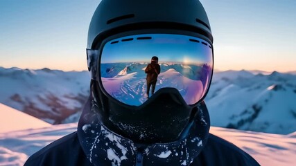 Skier POV, snowy mountain peak reflection in ski goggles, capturing mountain view sunset. Ideal for travel, winter sports, outdoor adventures, and determination. Explore winter wonderland. - Powered by Adobe