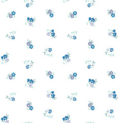 Cute ditsy floral seamless pattern. Delicate blue and purple flower bouquets in a vintage style. Sweet vector background for fabric, wallpaper, or nursery decor.