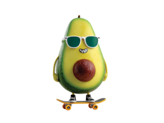 Funny avocado cartoon sticker with sunglasses isolated on transparent White background png