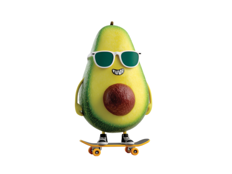 Funny avocado cartoon sticker with sunglasses isolated on transparent White background png