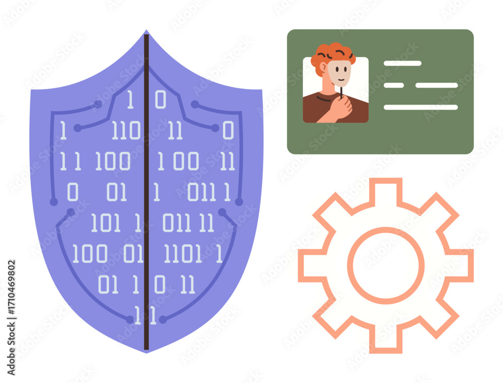 Poster purple shield with binary digits, id card with photo and text, and gear icon. ideal for cybersecurit
