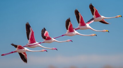 Flock of flamingos fly in a line in the sky. The birds are pink and white, and they are flying in a V formation. Concept of freedom and beauty
