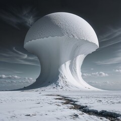 Futuristic surreal landscape with giant snow mushroom sculpture in fantasy style, white and gray colors, representing imagination and creativity