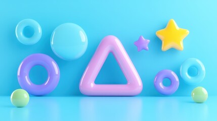 Playful 3D Render: Geometric Shapes on Blue Background, Vibrant Colors.