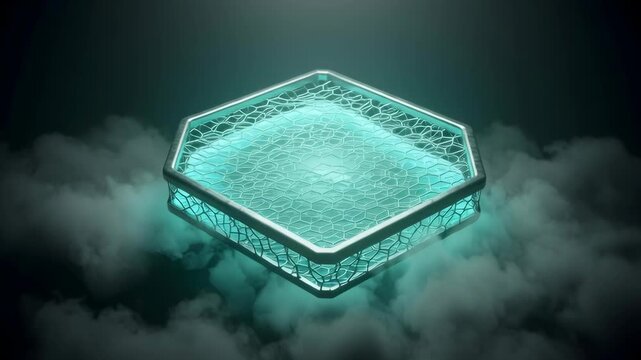 Abstract Floating Hexagonal Box with Teal Bubbles Against Dark Background