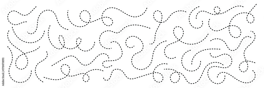 Poster dashed hand drawn squiggle loopy line vector. dotted spiral curve line. hand sketched curly border. 