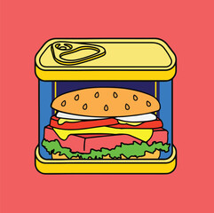 Canned luncheon spam meat (Canned ham). Vector illustration. Hand drawn poster style different flavours spam food	