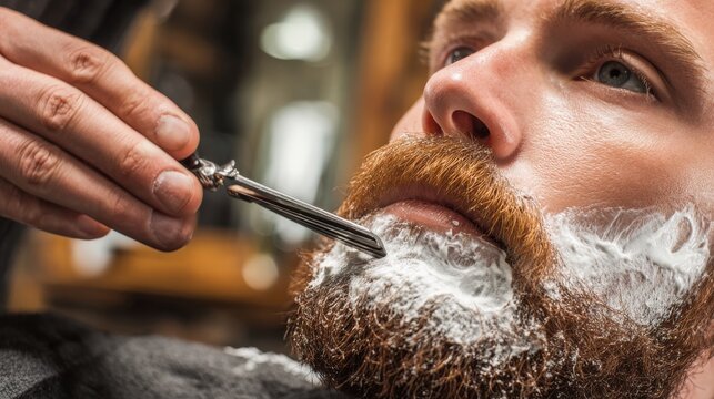 Man's Beard Being Shaved with Straight Razor