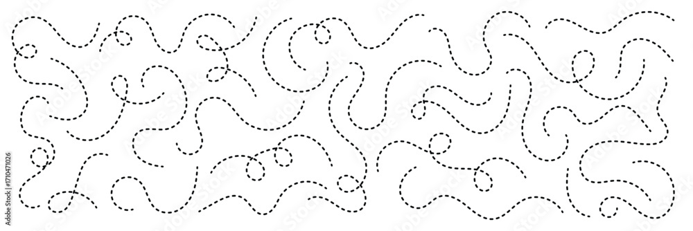 Poster dashed hand drawn squiggle loopy line vector. dotted spiral curve line. hand sketched curly border. 
