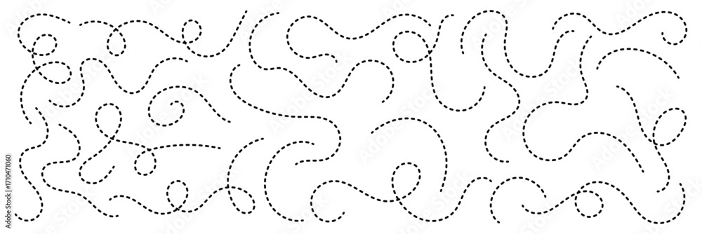 Poster dashed hand drawn squiggle loopy line vector. dotted spiral curve line. hand sketched curly border. 