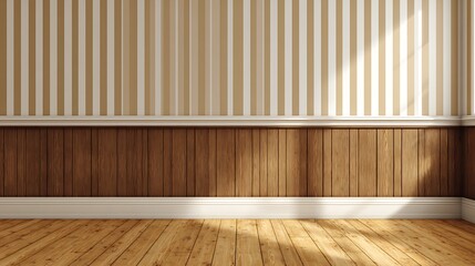 Empty Room with Striped Wallpaper, Wood Paneling, and Hardwood Floors
