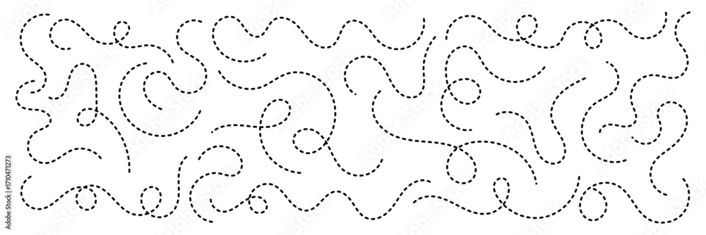 Poster dashed hand drawn squiggle loopy line vector. dotted spiral curve line. hand sketched curly border. 