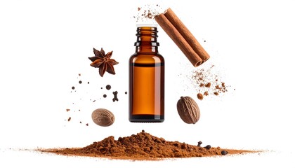 Amber Glass Bottle with Cinnamon Sticks Star Anise and Nutmeg Isolated on White